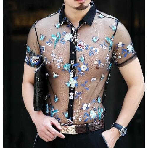 Sexy Mesh Hot Shirt Men Short Sleeve Summer Emboridery Camisa Hombre Slim Fit Transparent Shirt Men Outfit Top 5xl Flower Shirt