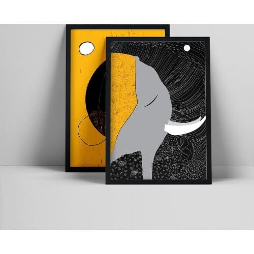 Modern African Women Portrait, Abstract Elephant Head, Set of 2 Prints, Afro Ethno Wall Art, Black Yellow Poster, Wildlife