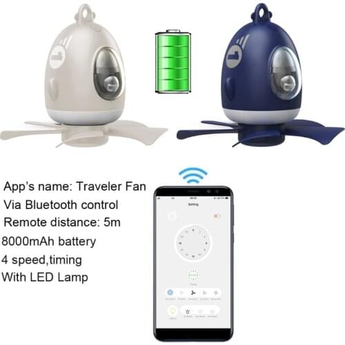 USB 8000mAh Battery Powered Ceiling Fan Smart App Control Timer LED Lamp 4 Speed Fan for Outdoor Bed School Dormitory 19QE