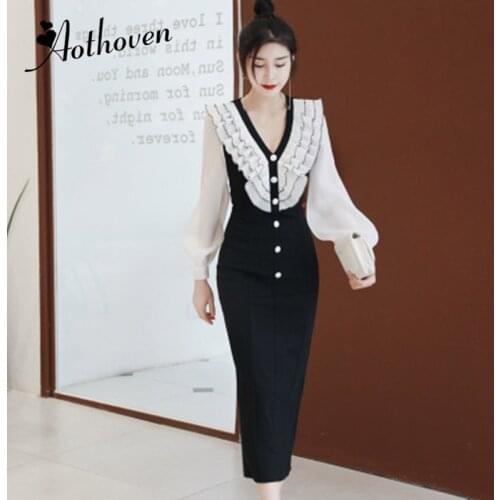 Spring Patchwork Ruffles Pencil Dress Women V Neck Long Sleeve Bodycon Dress Office Lady Vestidos Elegant Sexy Party Dresses
