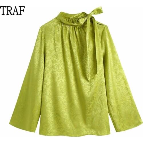 TRAF Za Top Women Blouses 2021 Fashion Jacquard Bow Tie Long Sleeve Satin Shirts Ladies Office Elegant Blouses Female Blusas