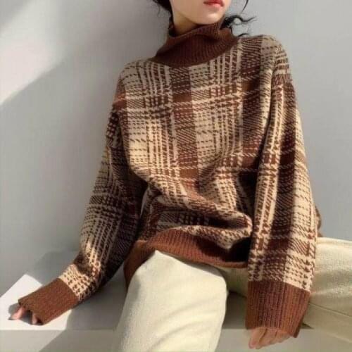 Plaid Woman Sweaters Winter Oversized Pullovers Knitted Green Sweater Casual Women Turtleneck Loose Long Sleeve Poleras Mujer