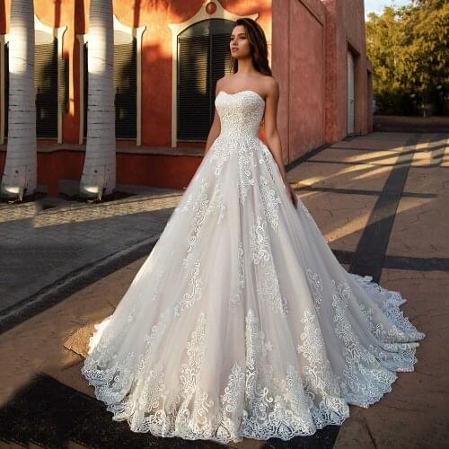 Modest Wedding Dress Strapless Princess Bridal Gown A Line Lace Up Sleeveless Sweep Train Plus Size Vestido De Novia
