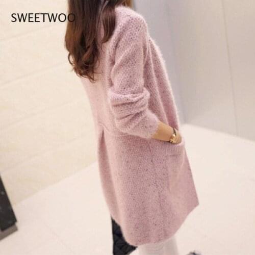 Winter Warm Fashion Womens Solid Color Pocket Knit Sweater Mid-Length Cardigan New Crochet Knit Sweater for Ladies