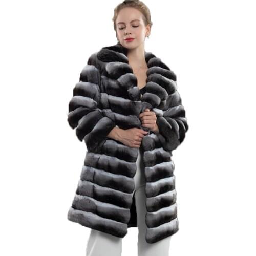2020 Stylish Chinchilla Fur Jacket Notch Collar Mid-Long Coat Parka Stately Beauty Warm Fashion