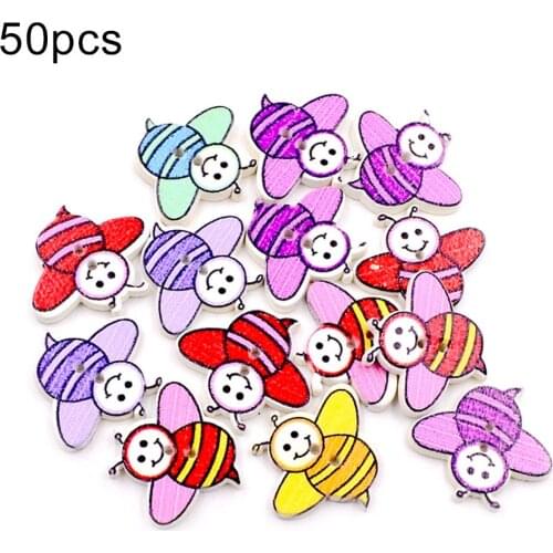 50Pcs Bee Shape Colorful Wooden Button 2 Holes DIY Crafts Sewing Cloth Accessories
