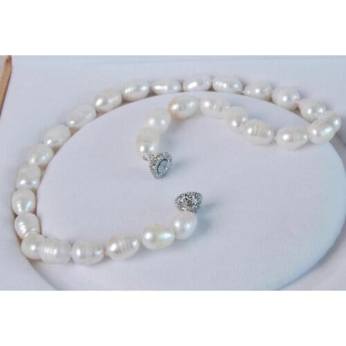 10mm white oval rice pearl necklace rhinestone magnet clasp natural Freshwater PEARL Women Jewelry 35cm 43cm 15'' 17