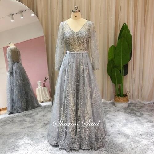 Glitter Sequin Silver Arabic Evening Gowns Long Sleeve Plus Size Muslim Dubai Gold Formal Dresses for Women Wedding Party Dress