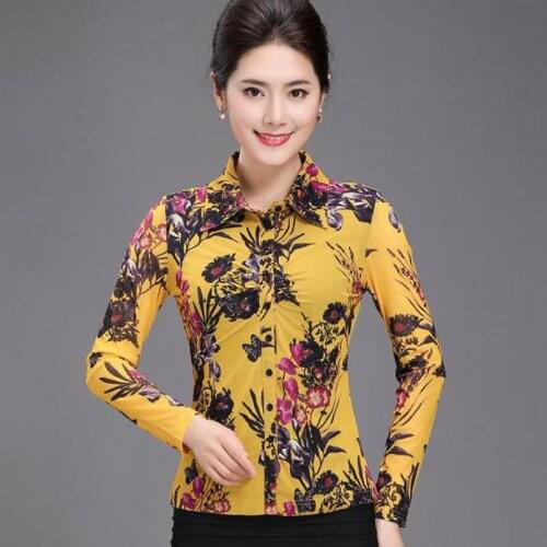 Summer Spring Casual Fashion Womens Yellow Printed Floral Pattern Full Sleeve Mesh Blouse , Fall Woman Cardigan Flower Blouses
