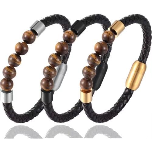 Classic high-quality stainless steel leather bracelet mens 8MM natural stone woven bracelet crossborder hot selling style