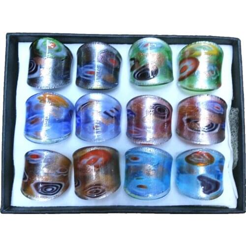 Mixed Colors Murano Glass Rings Inlay With Abstract Annular Pattern, Lampwork Art Glass Ring 12pcs/lot