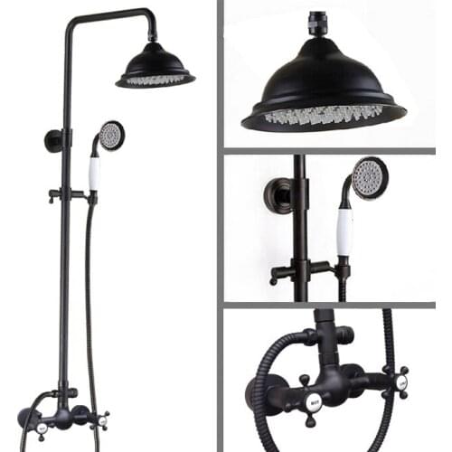Black Oil Rubbed Brass Dual Cross Handles Bathroom 8 Inch Round Rain Shower Faucet Set Bath Mixer Tap Hand Shower mrs491