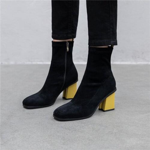 Spring/Autumn New Flock Stretch Lycra Ankle Boots for Women Zip Square Heel Women Boots Basic Shoes High(5cm-8cm) Color Matching