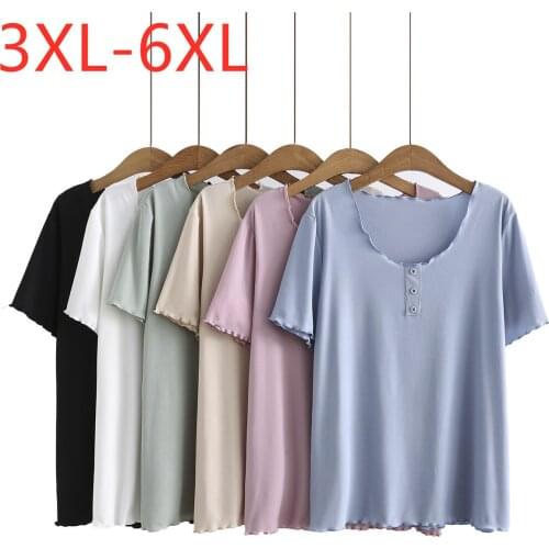 New 2021 Ladies Summer Plus Size Tops For Women Large Short Sleeve Slim Elastic Cotton Blue Pink O-neck T-Shirt 3XL 4XL 5XL 6XL