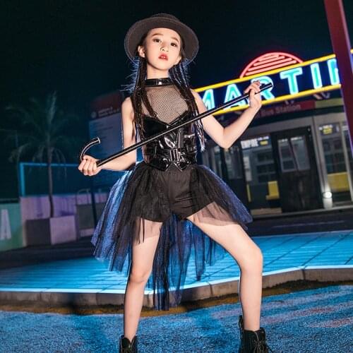New Girls Catwalk Model Stage Costumes Kids Jazz Clothes Girls Hip Hop Suit Modern Street Dance Black Mesh Leather Dress DQL4754