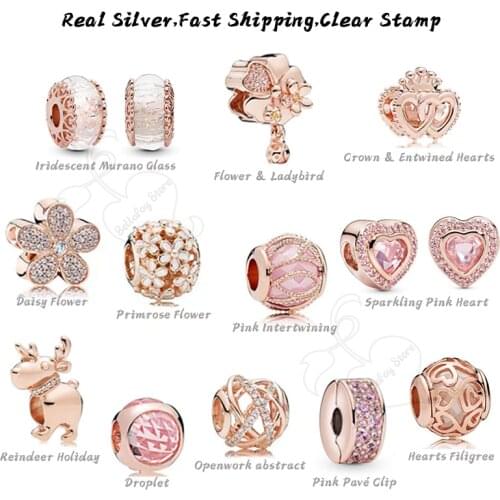 Authentic 925 Sterling Silver United Regal Hearts Rose Gold Charms Galaxy Openwork Beads Fits Original European Bracelets