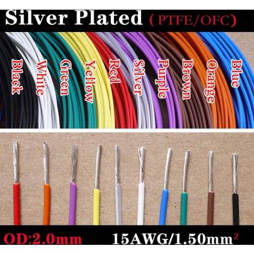 15AWG PTFE Silver Plated Wire OD 2.0mm Insulated High Temperature Soft Electron Cable OFC Copper DIY Headphone Single Line