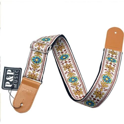 Guitar Strap Embroidered Belt Adjustable Length Vintage Jacquard Band with Leather End for Bass Acoustic Musical Instrument