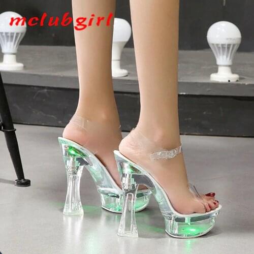 Mclubgirl 34-43 Chunky Heels Nightclub High Heels Shoes Luminous Sandals Shoes Catwalk Pole Dancing Shoes Crystal Bottom LFD