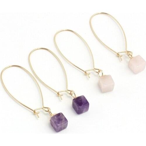 2016 New arrival long earrings square natural crystal powder purple crystal copper ear hook drop earrings for women