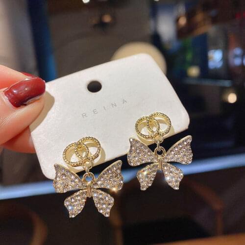 Fashion bow Rhinestone lady Earrings sweet style long hair Earrings statement exquisite Earrings party jewelry gifts
