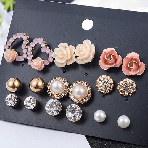 2019 New Fashion Women 9pair/set Flower Pearl Alloy Ear Earring Cute Crystal Wedding Jewelry Gifts For Girl