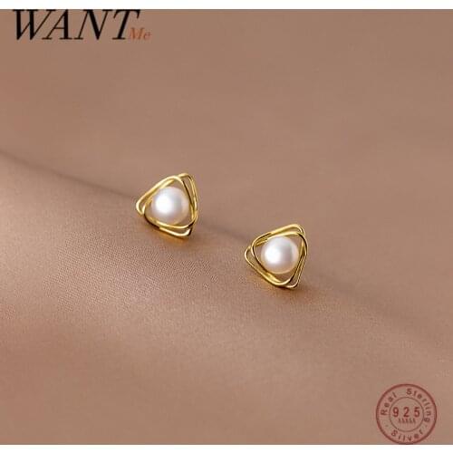 WANTME 925 Sterling Silver Natural Baroque Pearl Geometric Line Stud Earrings for Women Fashion Charming Simple Party Jewelry