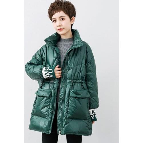 90% White Duck Down Jacket Women Mid-Length Winter Clothes Loose Stand-Up Collar Fashion Drawstring Waist Shiny Women Down Coat