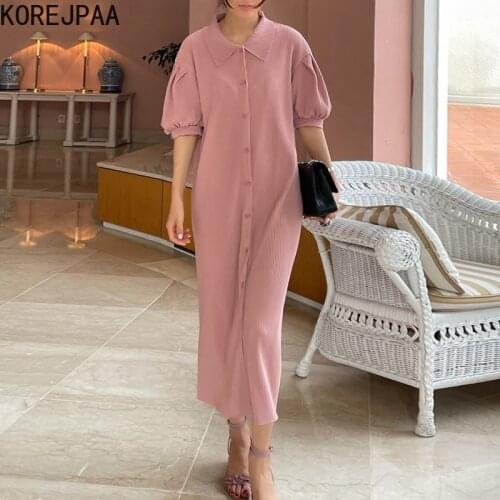 Korejpaa Women Dress 2021 Summer Korean Chic Ladies Retro Single-Breasted Loose Puff Sleeve Lapel Pleated Pit Strip Vestidos