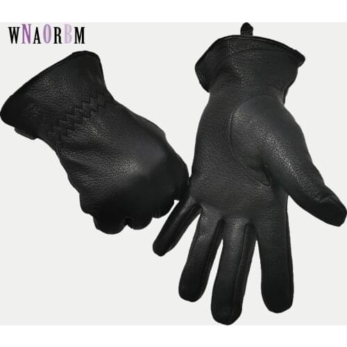 Winter Gloves men’s Leather Gloves Deerskin Thickened Water Wave Style Cashmere lining Autumn And Winter Warm Elastic opening