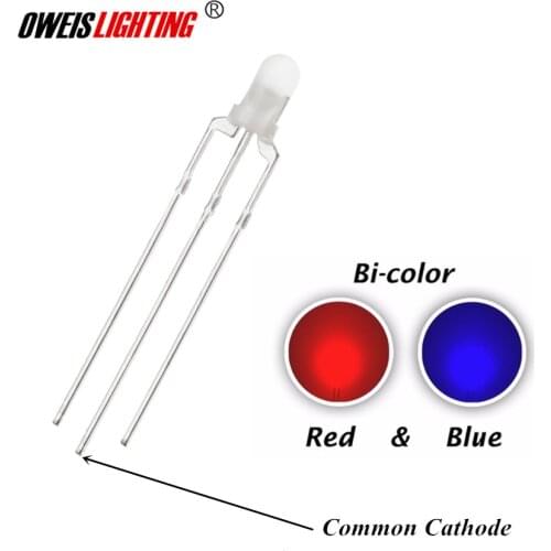 100pcs 3mm F3 Red And Blue Diffused LED Common Cathode 3pin LED Indicator Light Round Head 20mA Bicolor Lamp Light Beads