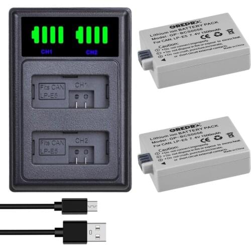 2Pcs 1500mAh LP-E5 LPE5 LP E5 Battery + LED Dual Charger with type-C port for Canon 450D 500D 1000D Kiss X2 X3 F Rebel XSi Xli