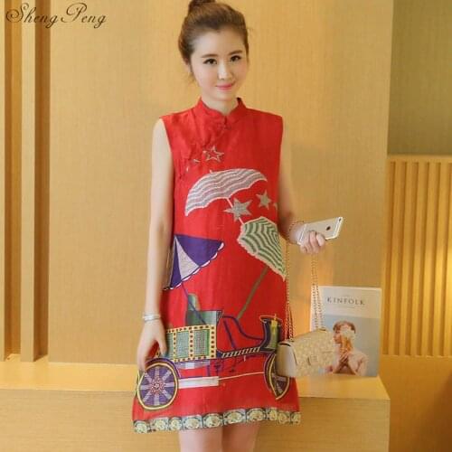 2018 summer retro chinese traditional qipao women chiffon cheongsam female sleeveless print improved cheongsam dress Q170