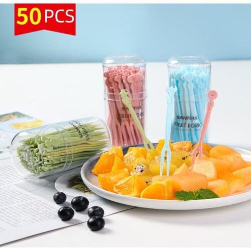 50 Pcs/set Disposable Plastic Buffet Cupcake Fruit Fork Dessert Salad Stick Food Forks Picks Set for Party Kitchen Accessories