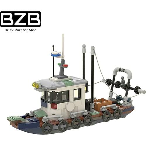 BZB MOC 47817 Seaside Fishing Boat Fishing Submarine Building Block Model Diving Fishing Pier Kids Toy Birthday Gift Decoration
