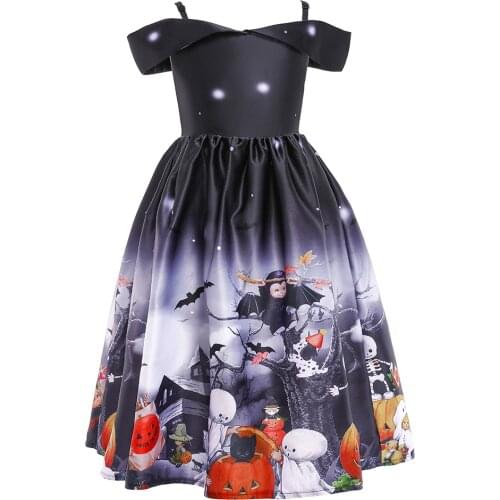 Kids girl halloween costumes Halloween Cosplay Vampire Costume Printed Children Pumpkin Witch party ankle-length Dress