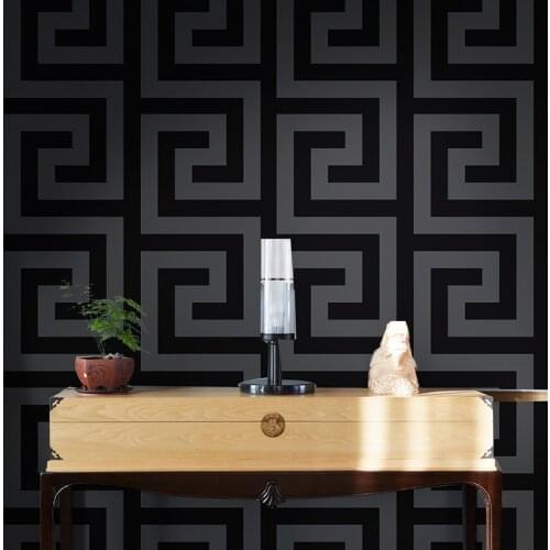 Geometric Wall Papers Black Grey Luxury Satin Effect Large Greek Key Wallpaper Living Room Background Decor