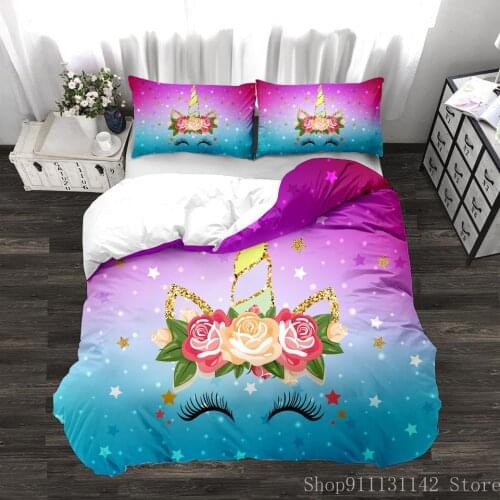 Cartoon Colored Unicorn Bedding Set with Pillowcase and Down Quilt Cover Polyester Bedding Set with Double Deck Home Textile