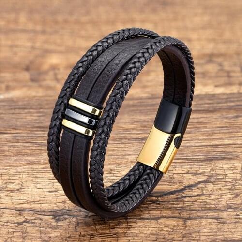 Brown Genuine Leather Bracelet Charm Mens Fashion Jewelry Multilayer Rope Chain Stainless Steel Men Bracelet Gift 2021