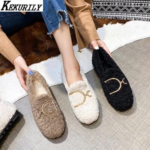 Fur Loafers Women Metal Decoration Round Toe Flats Shoes Slip On Furry Slides Casual Flat Shoes Winter Fleece Zapatos De Mujer