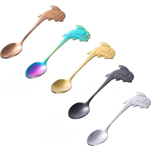 Lovely Dolphin Coffee Spoon Hangs on Cup FDA Stainless Steel Teaspoon Dessert Drink Stirring Spoons Kitchen Tablewares Gadget