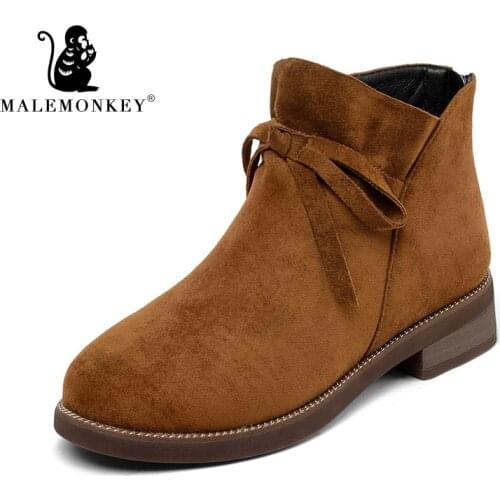 Male Monkey Fashion Slip On Low Heel Flock Platform Ankle Boots Womens Casual Comfortable Style Black Shoes Size 35-40
