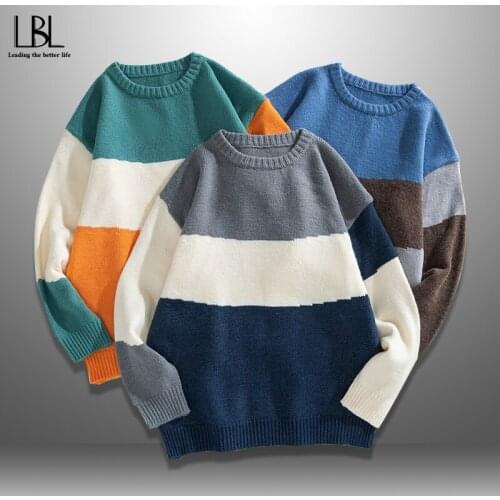 Men Sweaters 2021 Spring Winter Fashion Casual Slim Loose Cotton Knitted Mens Striped Sweater Pullovers Man Patchwork Knitwear