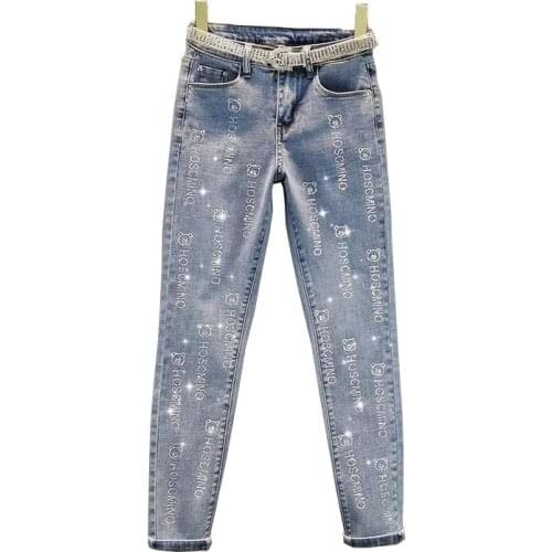 2021 New Spring Womens Rhinestone Blue Jeans High Waist Ladies Tight Fitted Hot Drilling Skinny Denim Pants European Nz036