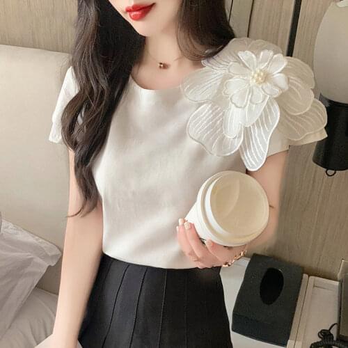 Three-dimensional Decorative Pearl Flower Personality Short-sleeved T-shirt Womens Summer 2021 New Temperament Design Top Ins