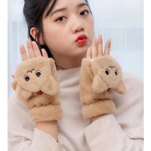 Women Thicken Plush Warm Half Finger Gloves Cute Cat Embroidery Convertible Flip Top Winter Fingerless Touch Screen Mittens