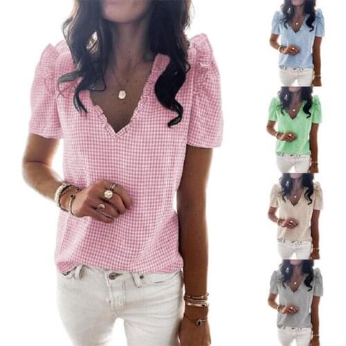 Plus Size Women T-Shirt Fashion Solid Color Short Sleeve All-match Thin Ruffle V-neck Plaid Printed Tops Party Tees Summer 2021