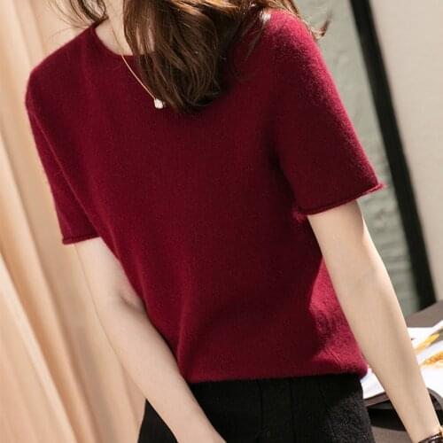 Wool knitted T-shirt womens spring summer basic short-sleeved slim-fit all-match round neck cashmere sweater new half-sleeved
