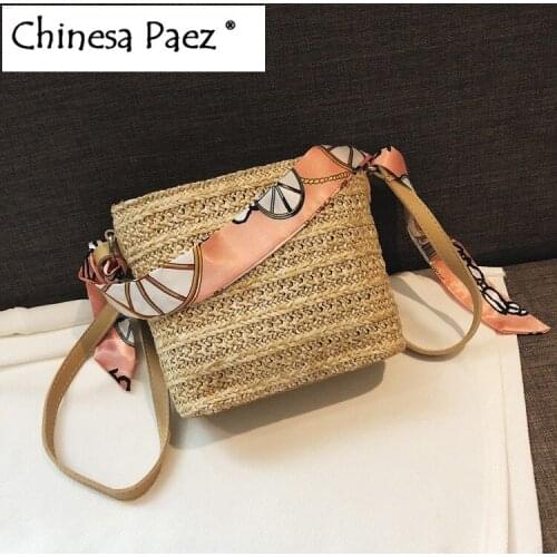 New Straw Bag Beach Bag with silk ribbon women Woven Large Capacity Single Shoulder Hand Crochet Summer beach travel Girl Bag