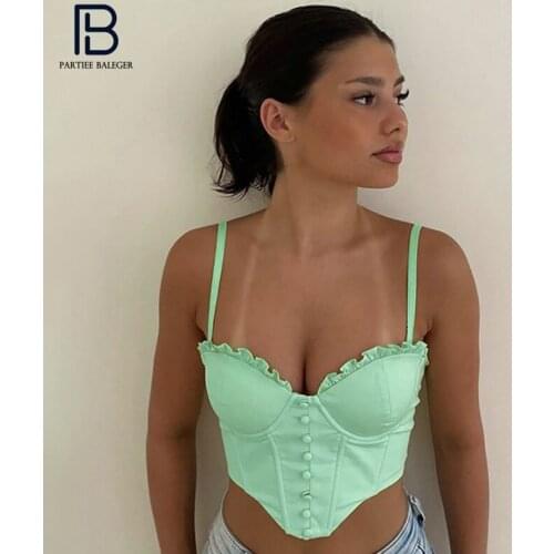 PB Stylish High Waist Button Ruffles Design Light Green Crop Tops Sexy V Neck Sleeveless Celebrity Party Club Free Shipping